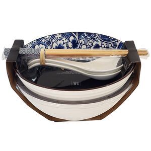 SH Home Blue Floral Ceramic Ramen Noodle Bowl Set of 2 With Chopsticks And Spoon